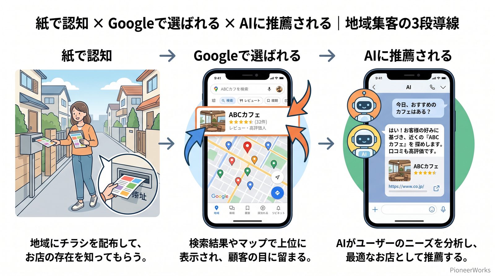紙で認知×Googleで選ばれる×AIに推薦される｜ポスティング・MEO対策・AI検索対策（LLMO）による地域集客の3段導線